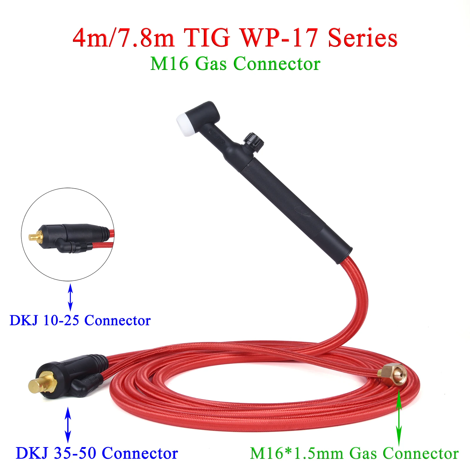 4M/13ft 7.8M/25.6ft WP17F 17FV TIG Welding Torch Soft Hose Cable Wires M16*1.5mm Gas Connector DKJ 10-25 35-50 Power Connector