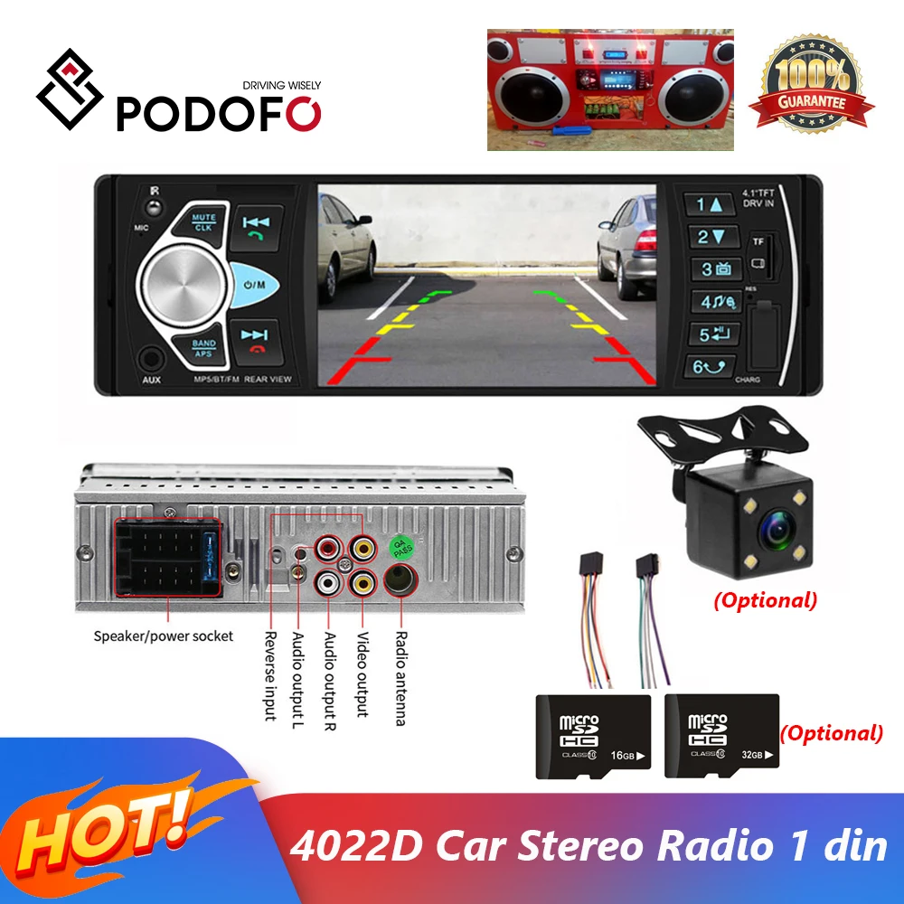 Автомагнитола Podofo, 1DIN, стерео, 4022D, Bluetooth, FM, USB, 4,1 дюйма, поддержка камеры заднего вида, Mirrolink, управление рулевым колесом