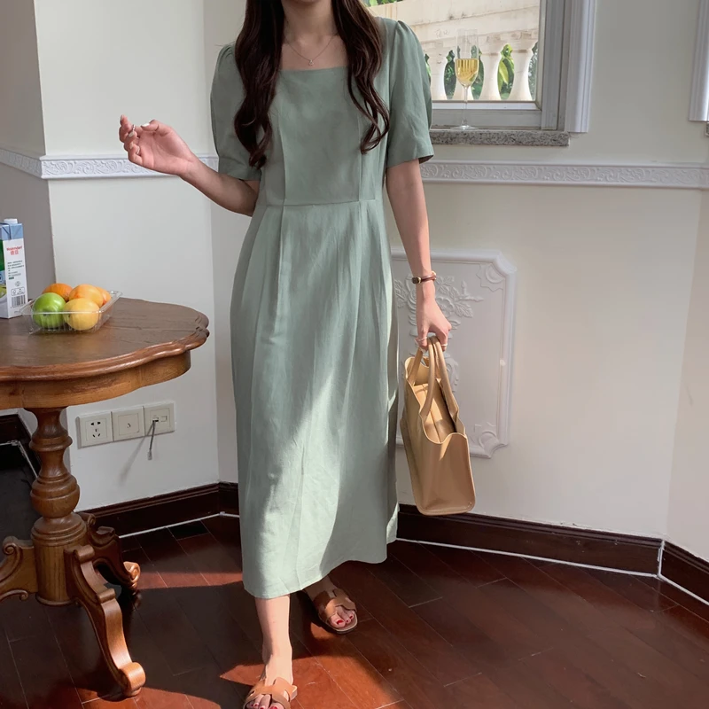 

SuperAen Kroean Dress Women Casual Short Sleeve Square Collar Long Dress Summer Sweet Elegant Holiday Dresses Vestido