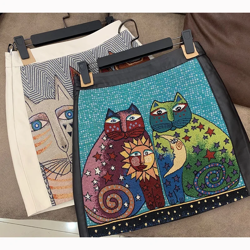 

Женская кожаная юбка с вышивкой, демисезонная трапециевидная юбка из натуральной кожи с высокой талией, B811, 2021