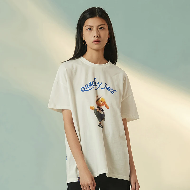 

V & A Museum Short-Sleeved T-shirt Jack Duck Pure Cotton Cute Pet Small Yellow Duck Pattern Large Size Loose Summer Women Shirt