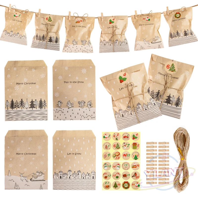 

YLT 24Sets Vintage Kraft Paper Bag Santa Claus Elk Merry Christmas Gift Bag Xmas Party Favor Bag Candy Cookie Packaging Supplies