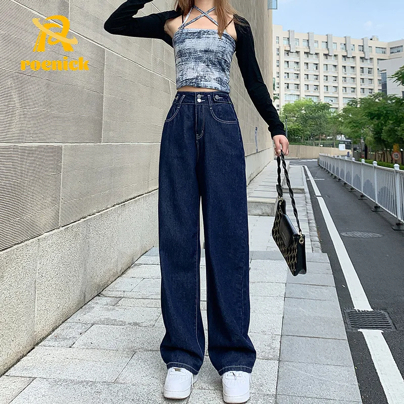 ROENICK женские весенние синие джинсы 2021 модные широкие брюки с высокойталией корейские джинсовые прямые брюки женские брюки для мам