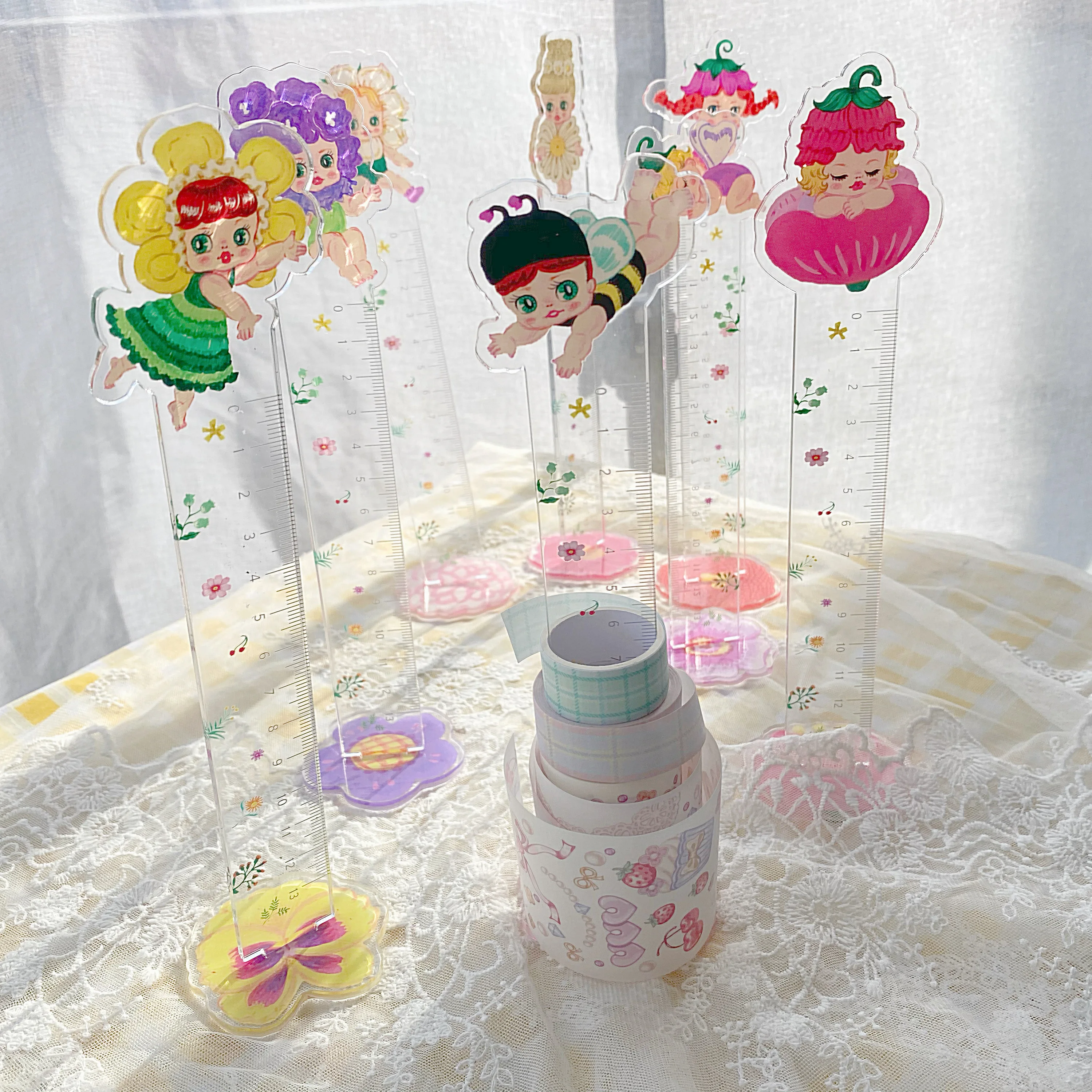 

Акриловая линейка с цветочным рисунком, настольная подставка, милая линейка, школьные принадлежности, двусторонний рисунок