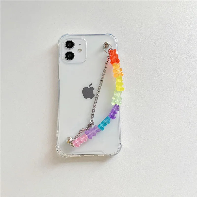 

Shockproof Transparent Bracelet Phone Case For iPhone 12 11 Pro Max XR XS Max 6 7 8 Plus SE 2020 Crystal Bear Chain Soft Cover