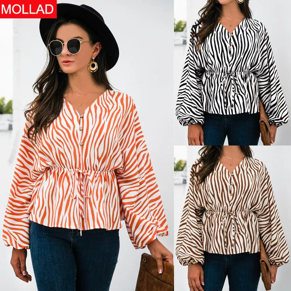

2021 Autumn and Winter Hot Sale Zebra Button Lace-up Long Sleeve Top Loose Women Blouse