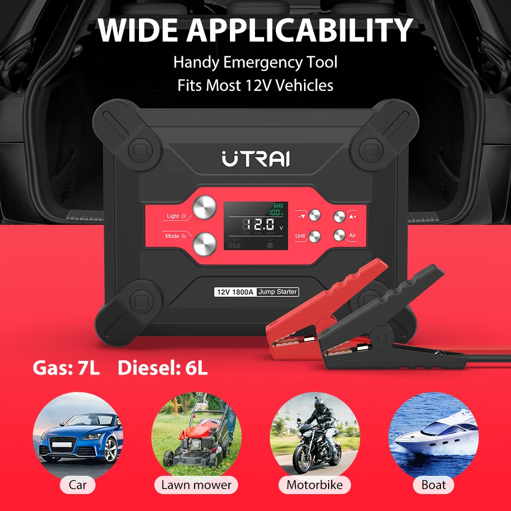 Дешево Пусковое устройство UTRAI 4 в 1 с компрессором, 1800 А Автомобильное пусковое устройство Внешний аккумулятор портативный воздушный компрессор н...