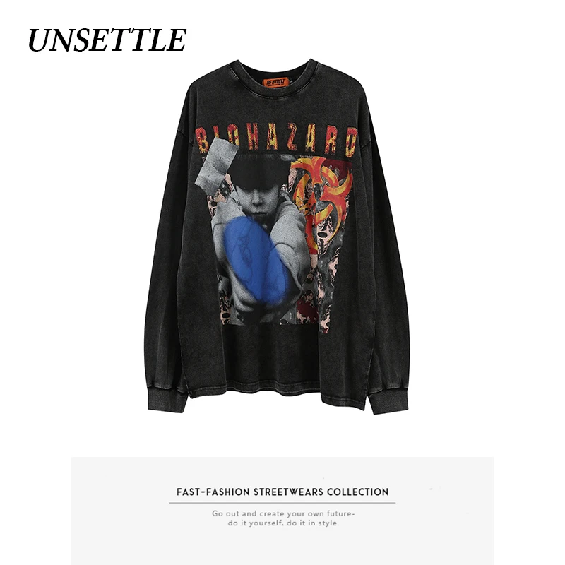 2020AW Осенняя футболка большого размера с длинным рукавом принтом Харадзюку