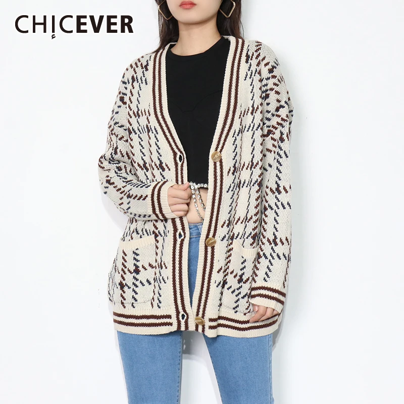 

CHICEVER Colorblock, повседневный вязаный кардиган для женщин, v-образный вырез, длинный рукав, клетчатый корейский свитер, женская мода, новая одежда...