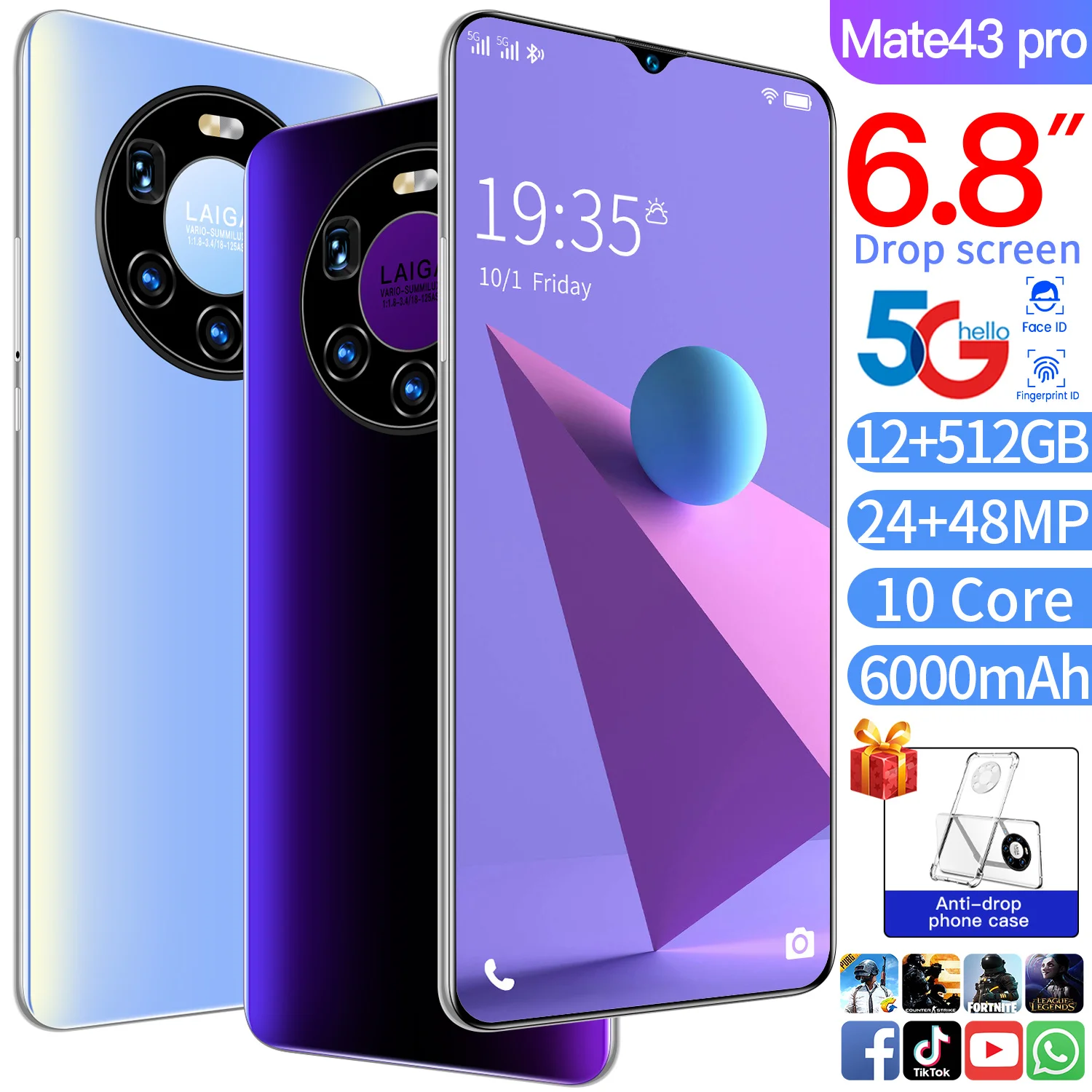 

Newest Mate43 Pro 5G LET Smartphones Cheap Android Cellphones 10-Core MT6799 12GB+512GB 6000mAh Dual SIM Mobile Phone with GPS