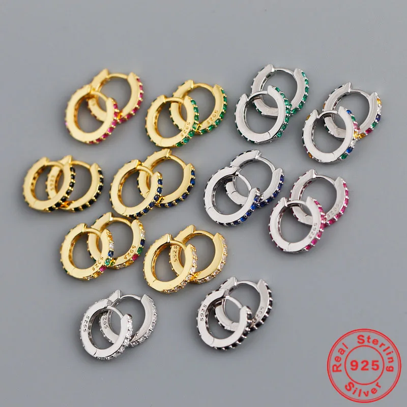 

7mm European and American 925 Sterling Silver Round Micro-set White/Black/Green/Rose Red/Colorful Zircon Hoop Earrings for Women