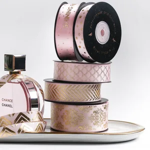 5 ярдов Золотая фольга печатная атласная лента для упаковки подарков Упаковка Свадебная декор для рождества, дня рождения 2020122201