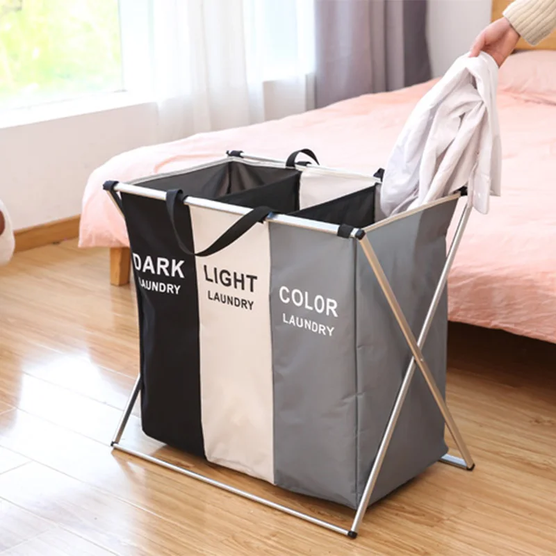 

Minimalist Style Foldable Storage Bag Fabric Large Capacity 3-Sections Laundry Basket With Side Pocket Portable Laundry Hamper