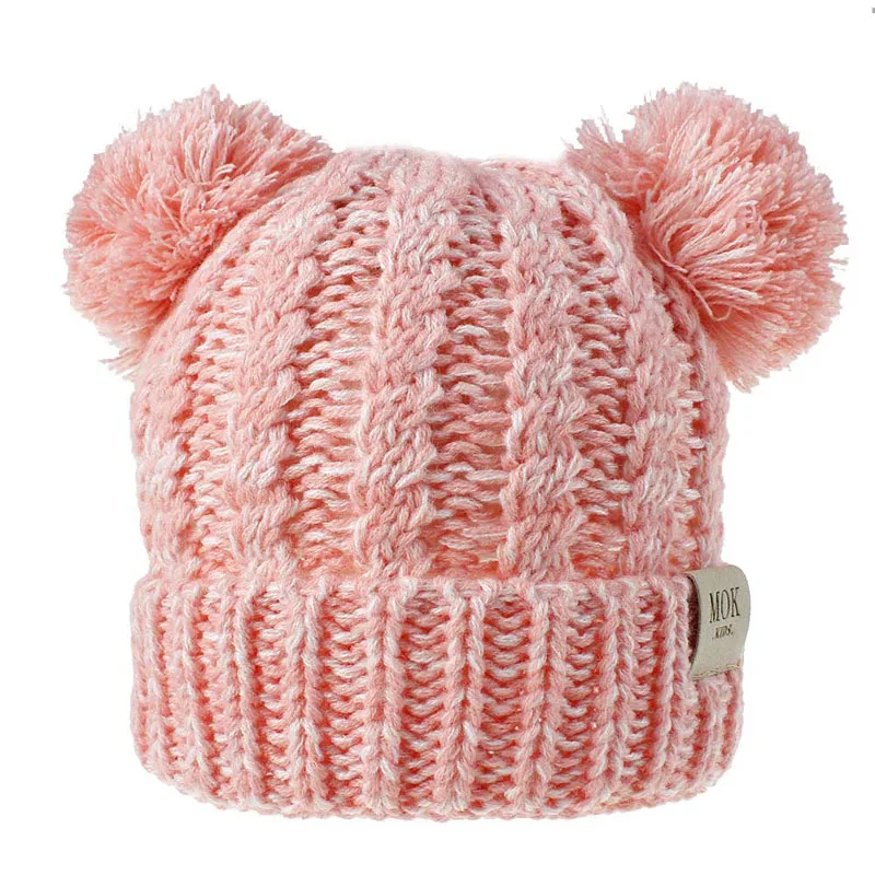 Pink white 12 цветов, детская зимняя шапка, вязаная детская шапочка с помпонами, теплые детские шапки с помпонами для девочек, эластичная детская шапка для мальчиков - Цвет: Pink white