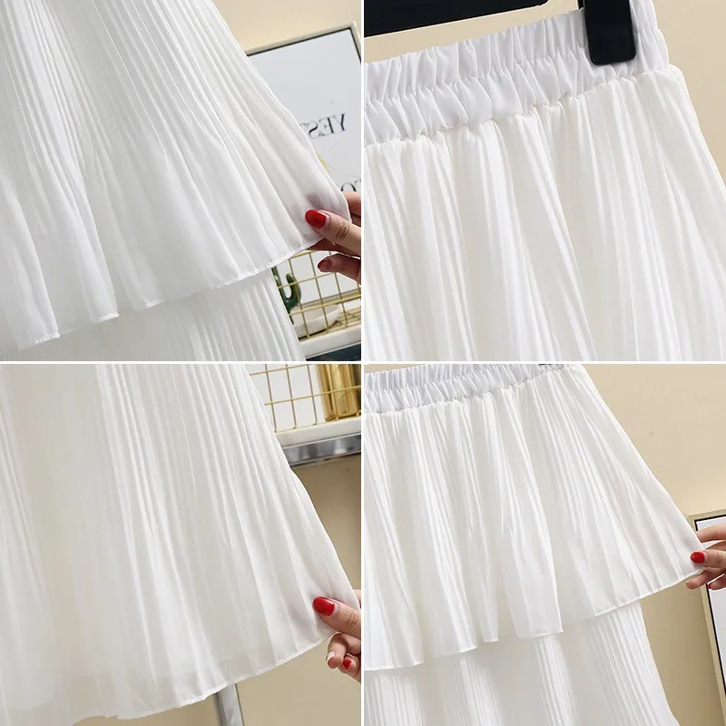 Весенне летняя однотонная белая черная многослойная шифоновая юбка Cakee Милая