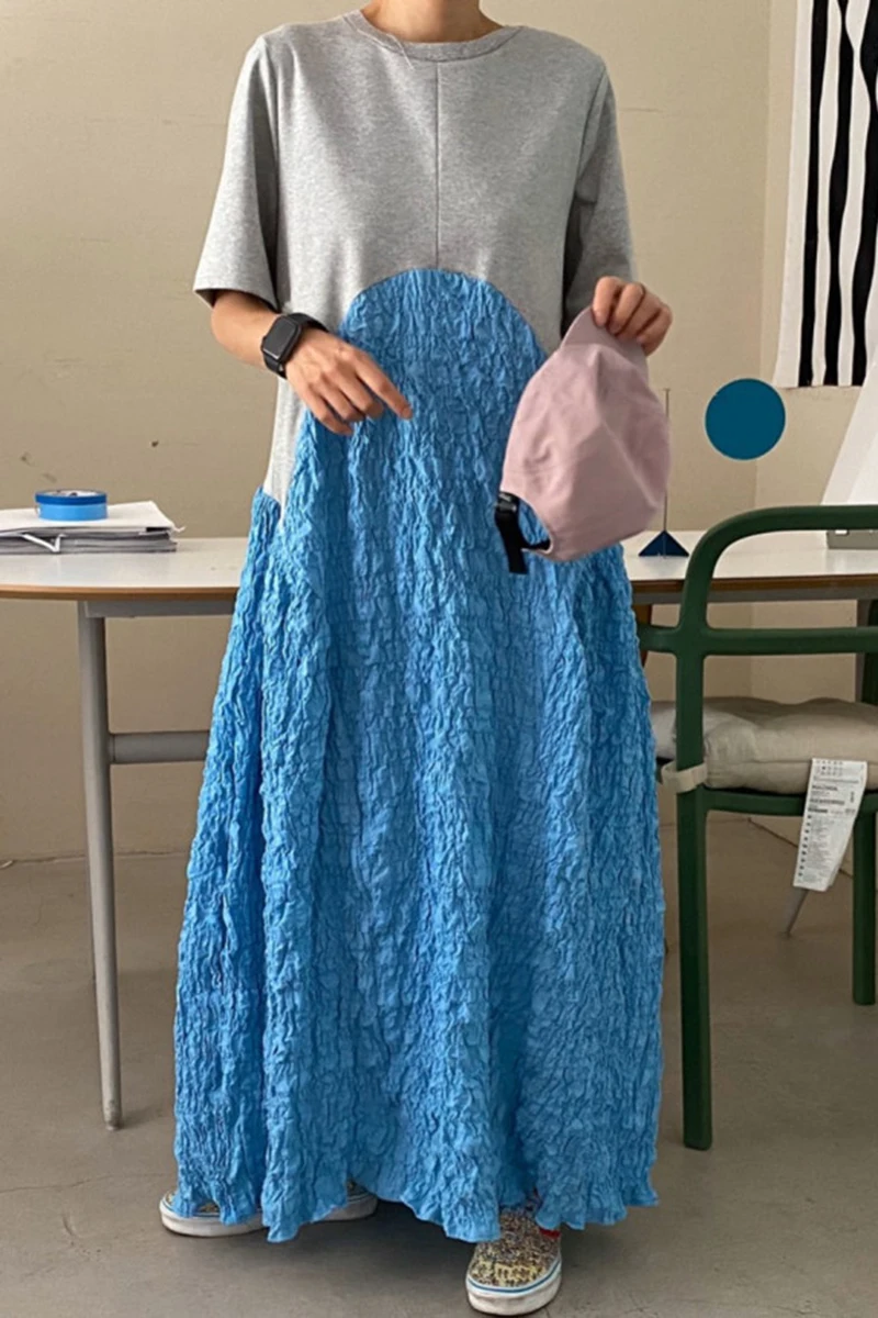 

Korean Summer French Style Retro Crew Neck Loose Color Contrast Patchwork Pleated Bubble Cotton Dress Long Dress