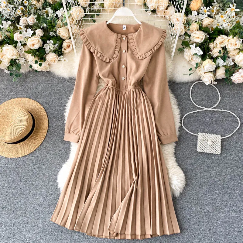 Женское длинное плиссированное платье на пуговицах повседневное однотонное с