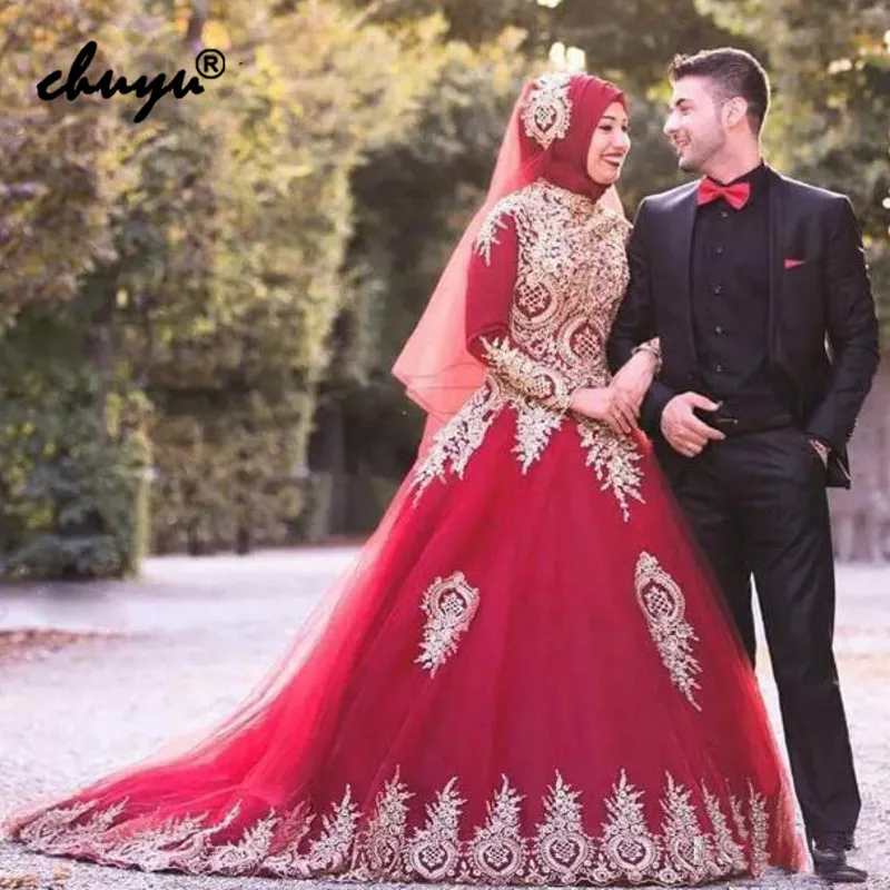 Vestido De Noiva бордовый мусульманское свадебное платье бальное с кружевом и длинными