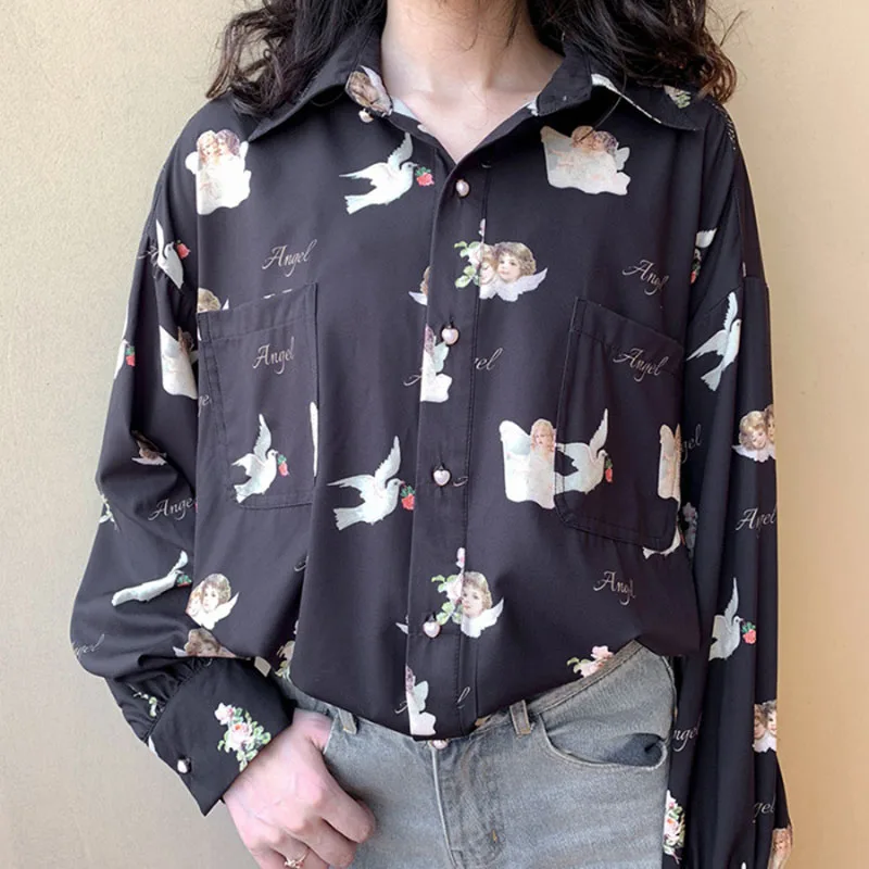 Women Print Shirt Vintage Elegant Blouse Fashion Spring Autumn Lantern Sleeve Female Clothes Loose BF Shirts  Blusas De Mujer