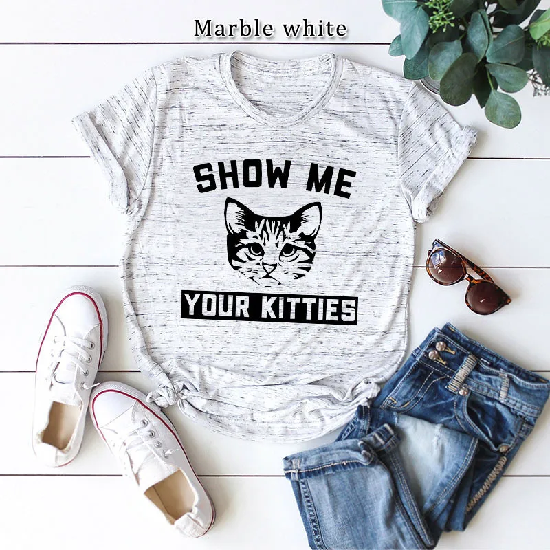 Футболка женская с надписью Show me your kitties хлопковая Модная рубашка коротким