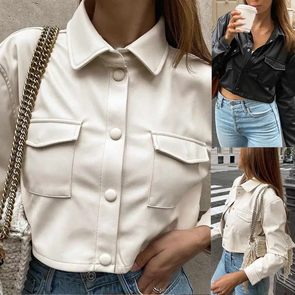 

2021 New Women Jacket Single-breasted Doudble Flap Pockets Coat Punk Style Long Sleeve Cropped Jacket for Dating Cool Fashion