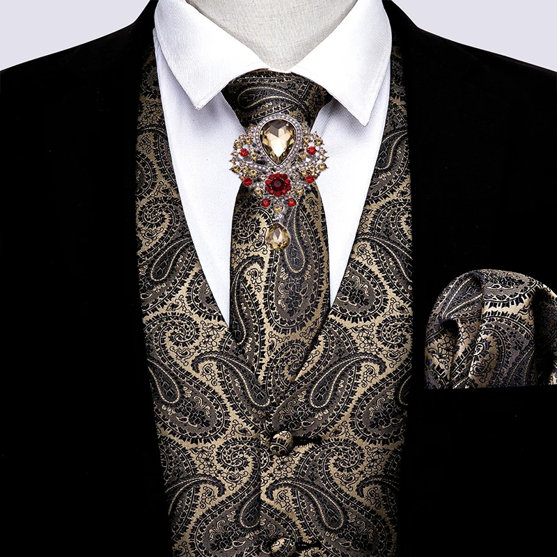 Barry. wang brown paisley colete para homem terno fino colete de seda gravata conjunto lenço abotoaduras formal colete para negócios (0)