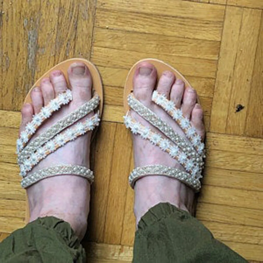 Сандалии женские с жемчужинами босоножки на плоской подошве без застежки