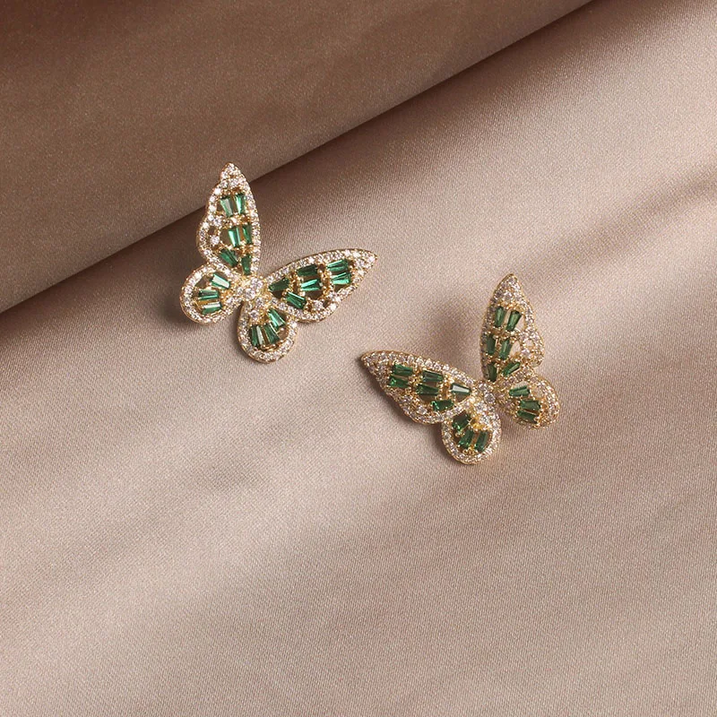 Женские серьги гвоздики с Зеленой Бабочкой простой стиль блестящей боковой