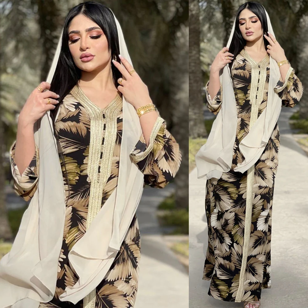 

Moroccan Arabic Abaya Print Muslim Long Dress Women Maxi Robe Kaftan Turkish Middle East Ramadan Islamic Clothing Dubai Fashion