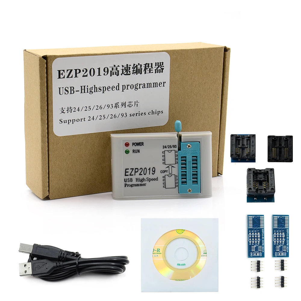 Новейший EZP2019 высокоскоростной USB SPI программатор+ 5 адаптеров Поддержка 24 25 93 EEPROM 25 флэш-чип биос+ SOIC8 зажим