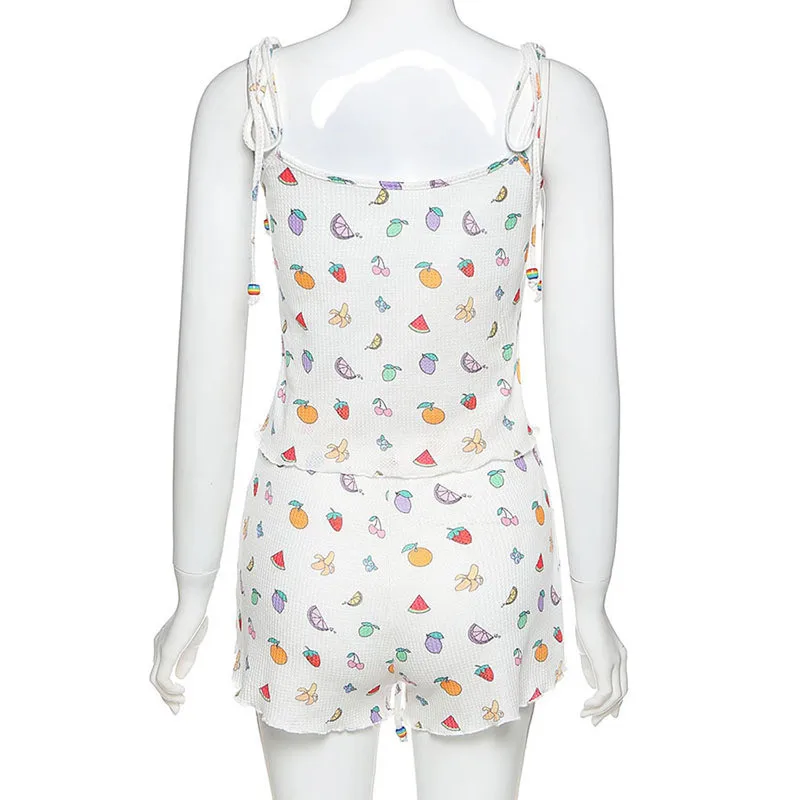 

NEW Summer Women Casual Pajamas 2pcs Set Print Sweet Ladies Sling Crop tops Shorts Clothing set Stretch Sleepwear Tracksuit