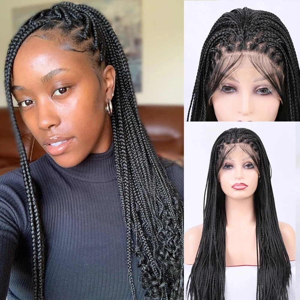 

Black Micro Braids Synthetic Lace Front Wigs For Black Women With Baby Hair Cornrows Box Braided Wigs Heat Friendly African Hair