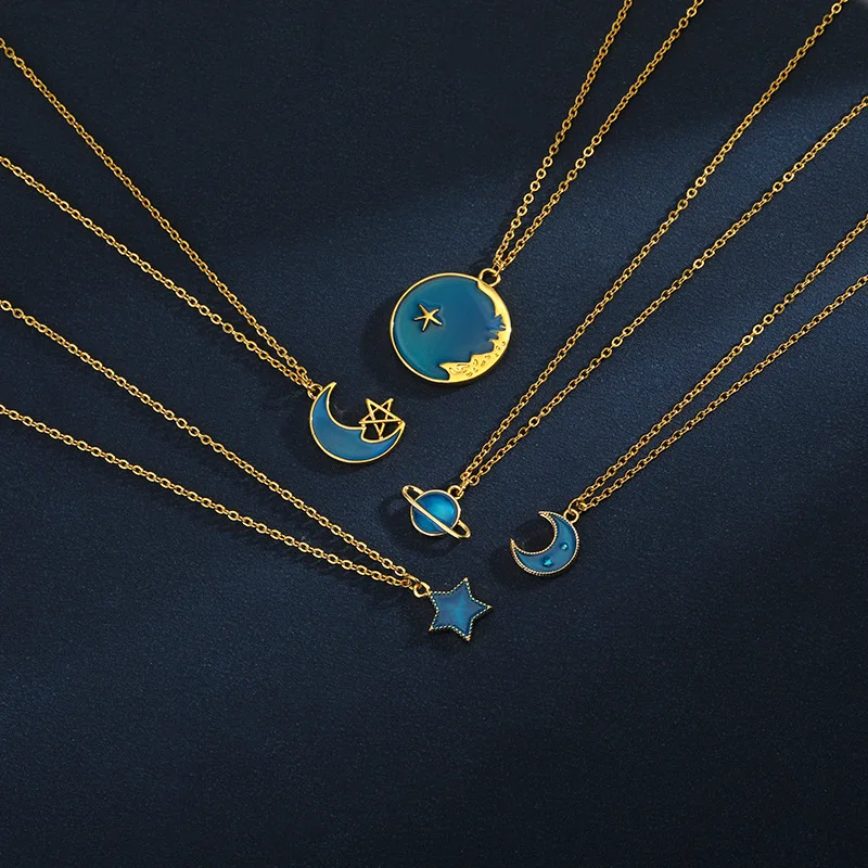 

Женское Ожерелье с эмалью, синее ожерелье с подвеской в виде звезды и Луны, подарочные украшения
