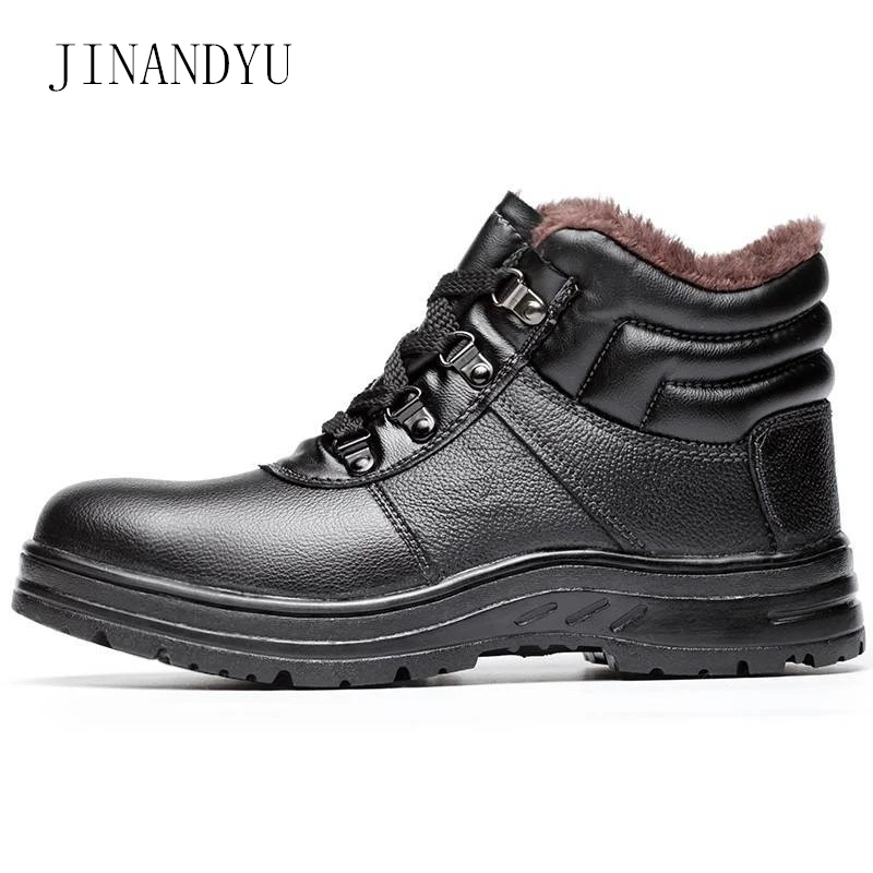 Зимняя обувь из натуральной кожи мужские ботинки со стальным носком и плюшевой