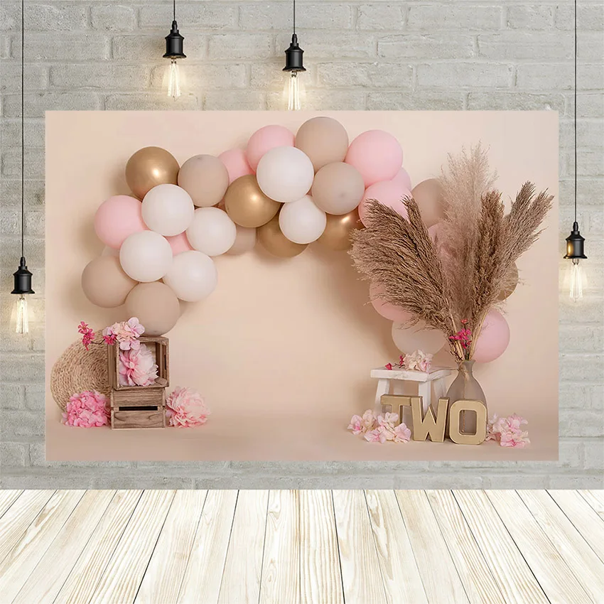 Avezano Pink Balloons Girl 2nd Birthday Background For Photography Bohemian Flower Reed Cake Smash Backdrop Photo Studio Props