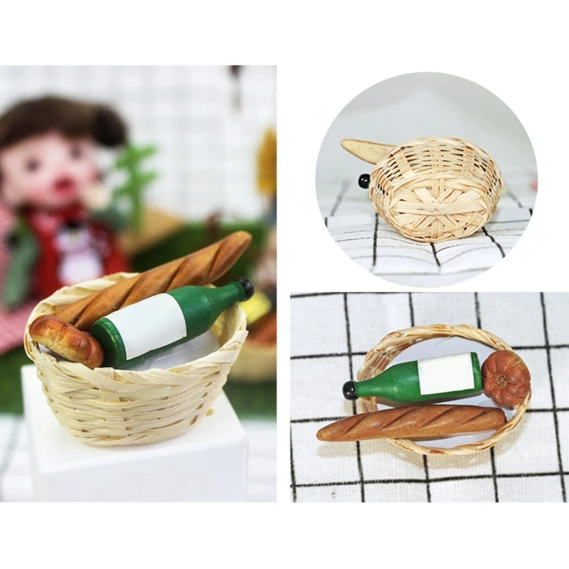

1:12 Miniature Vegetable Bread & Wine in Basket Set Dollhouse Kitchen Accessories