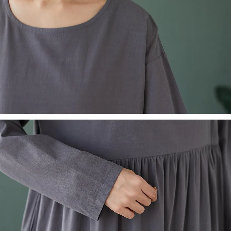 

Johnature 2021 New Casual Simple Long Robe Dresses Women Spring Autumn O-neck Solid Color Female Dress