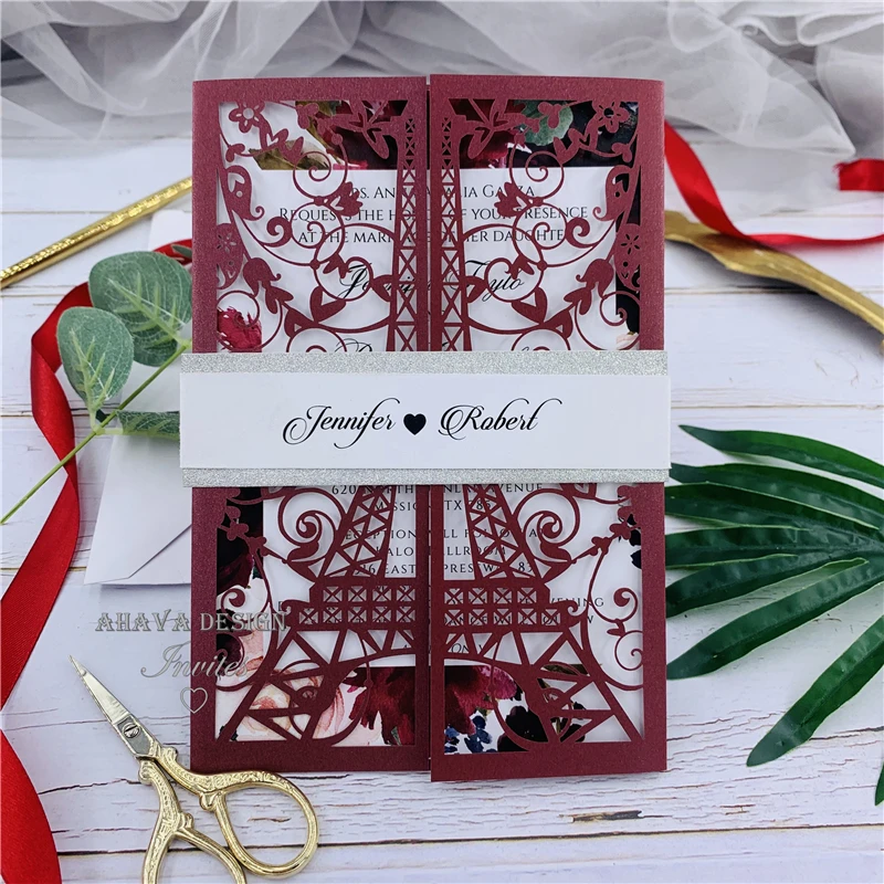 

Burgundy Tower Paris Laser Cut Wedding Invitations Quinceanera Invitations Laser Cut Sweet 15 Invites French Theme Card