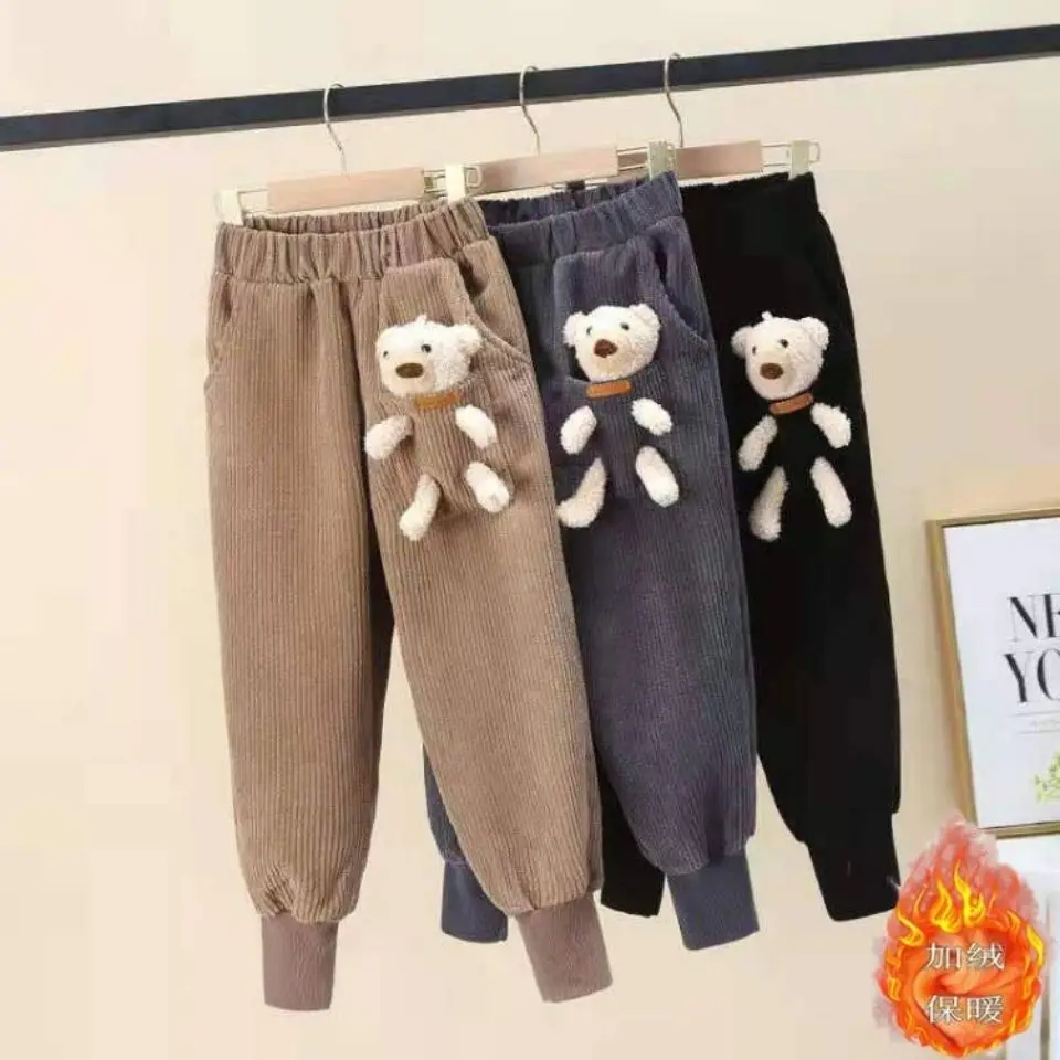 

Вельветовые Теплые зимние штаны для девочек с эластичным поясом, вельветовые шаровары для мальчиков, свободные однотонные утепленные детс...