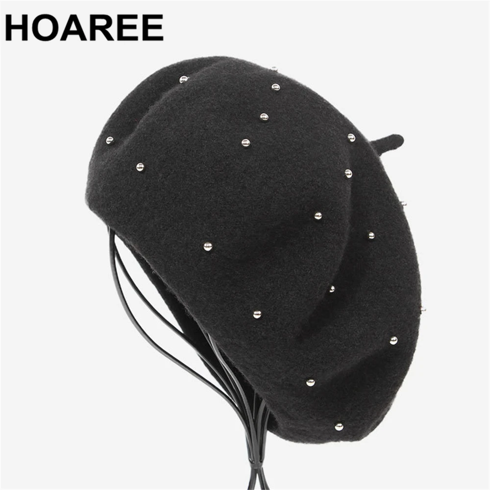 HOAREE зимние шапки для женщин вязаные шерстяные береты шляпа черный французских