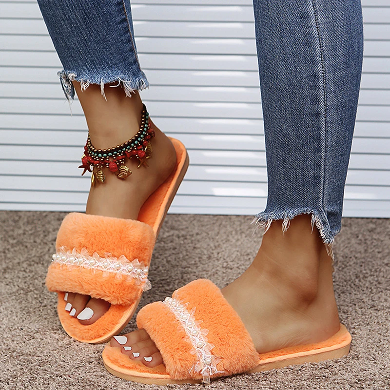 

2021 Women Slippers Open-Toe Flat Women Shoes Lovely Pearl Chain Ladies Slides Female Sandals House Slippers Winter Indoor Home