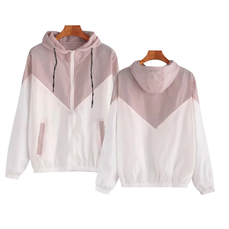 

Letter print Women Basic Jackets Female Zipper Pockets Casual Long Sleeves Coats Autumn Hooded Jacket Two Tone Jacket