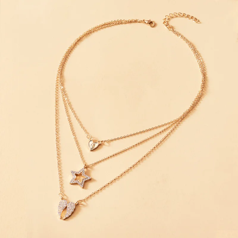 

Origin Summer Shining Rhinestone Star Heart Angel Wing Pendant Necklaces for Women Gold Metal 3 Layed Choker Necklace Jewellery