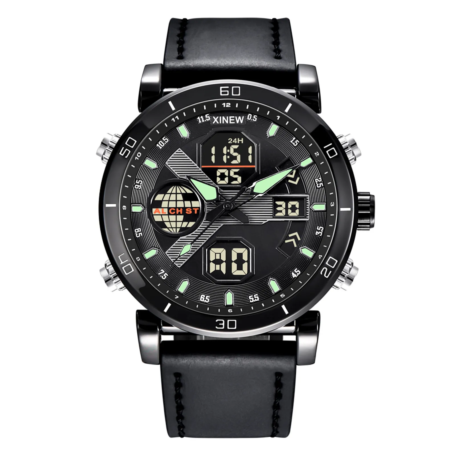 

Top Brand Stylish Men's Quartz Sports Wristwatch LED Digital Watches Waterproof Casual Leather Strap Watches