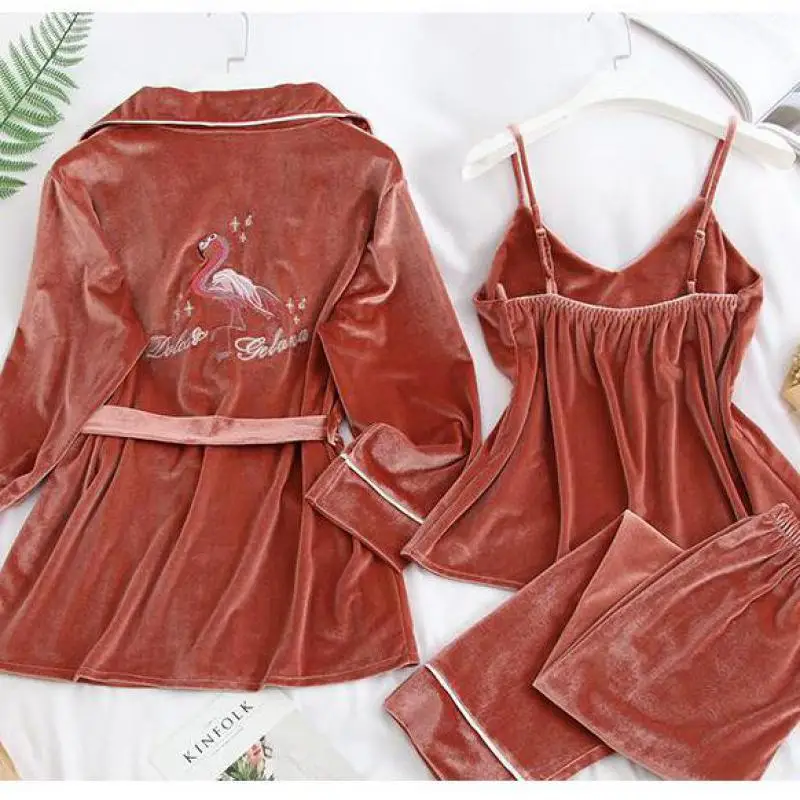 

Women Homewear Casual Pajamas Suit Intimate Lingerie Velvet Sleepwear 3PCS Sleep Set Autumn New Navy Blue Soft Home Clothing