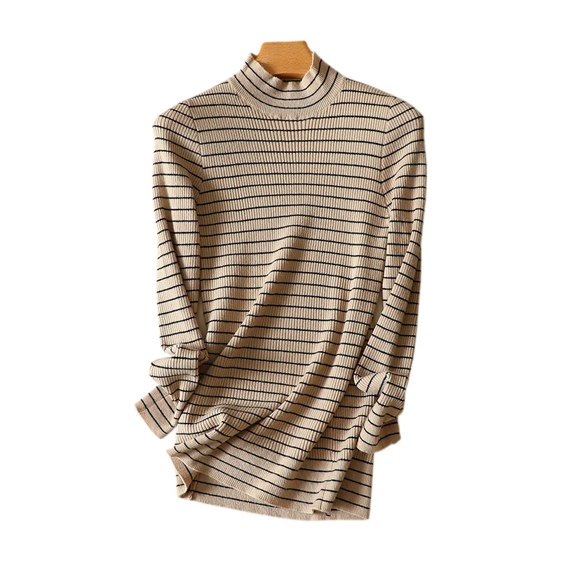

turtleneck knitted women sweater slim elastic striped 2020 winter new slim all match office lady elegant pulls outwear tops
