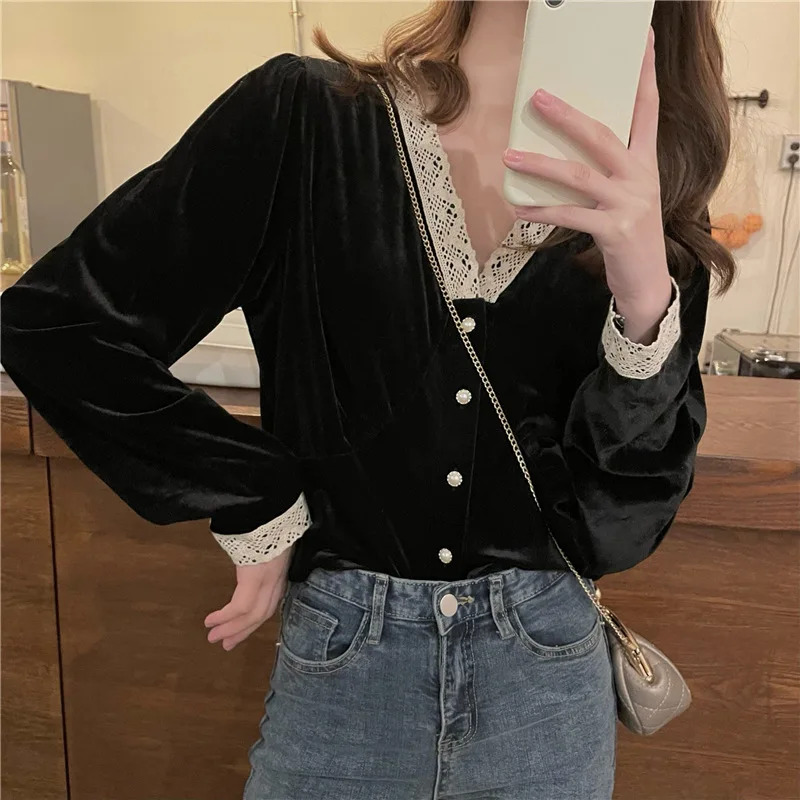 

Women Blouse Vintage Long Sleeve Office Lady Beaded Lace Sexy V Neck Tops Elegant Velvet Shirts Roupas Feminina