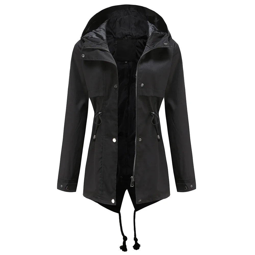 

Windbreaker New Fashion Coat Long Sleeves Hooded Coat Zip Jacket Waist Collection Casual Sport Women Clothes Plus Size