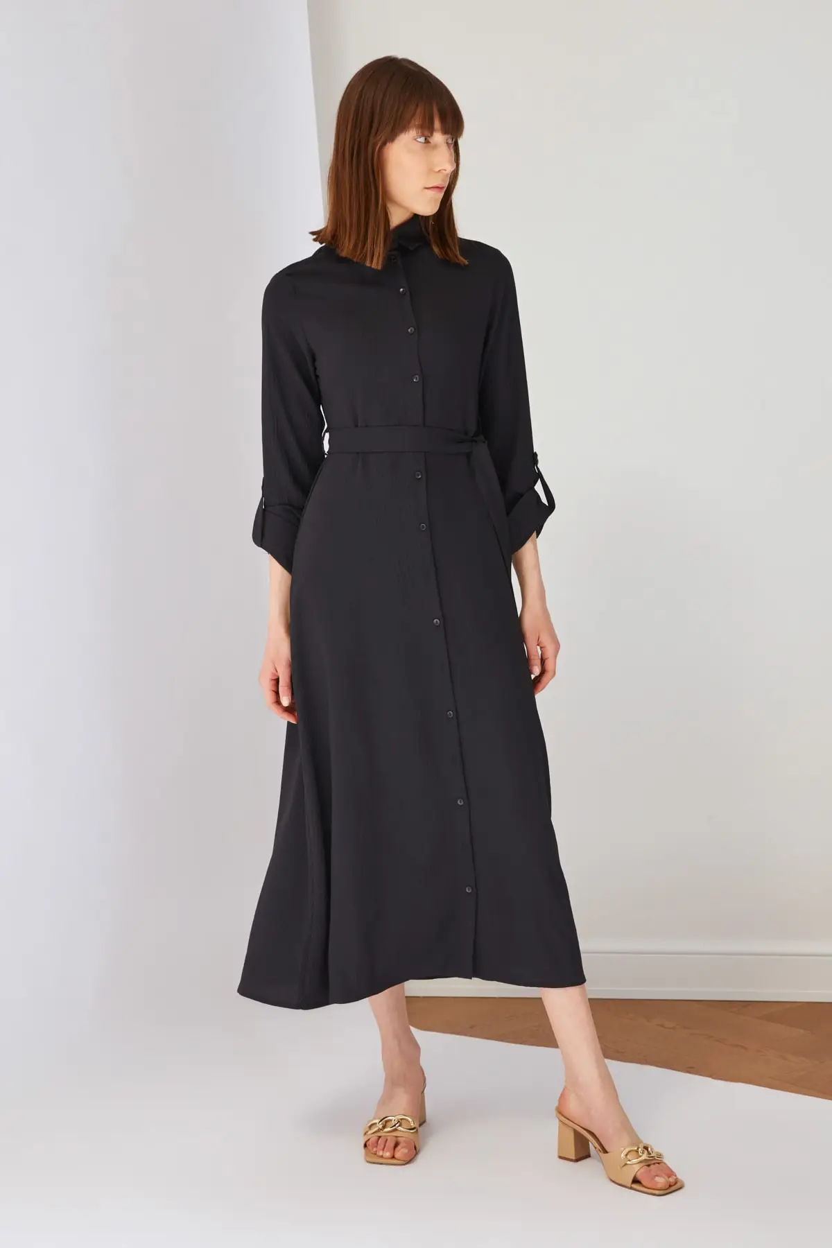 

Black Belt Collar Detail Dress Fashion Muslim Women Hijab Dress