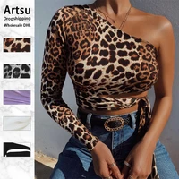 artsu sexy one shoulder cropped tops leopard print lace up t shirts for women slim fashion autumn winter tees new asts60676